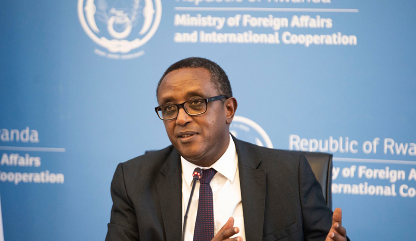 The Ministers for Foreign Affairs, Dr Vincent Biruta, addresses the media in Kigali on Monday, April 19. Rwanda has welcomed the Muse report, saying it will be an important tool in the fight against Genocide denial. / Photo: Courtesy. 