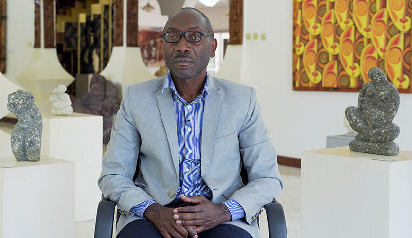 Mu00e9dard Bizimana during an interview with The New Times at the Rwanda Art Museum. / Photos by Gad Nshimiyimana.