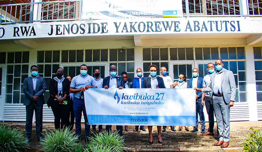 Ecobank Rwanda staff at Kamonyi Genocide Memorial site located in Kibuza where they paid tribute to victims of the 1994 Genocide against the Tutsi on Sunday,  April 25. / Photo: Courtesy.