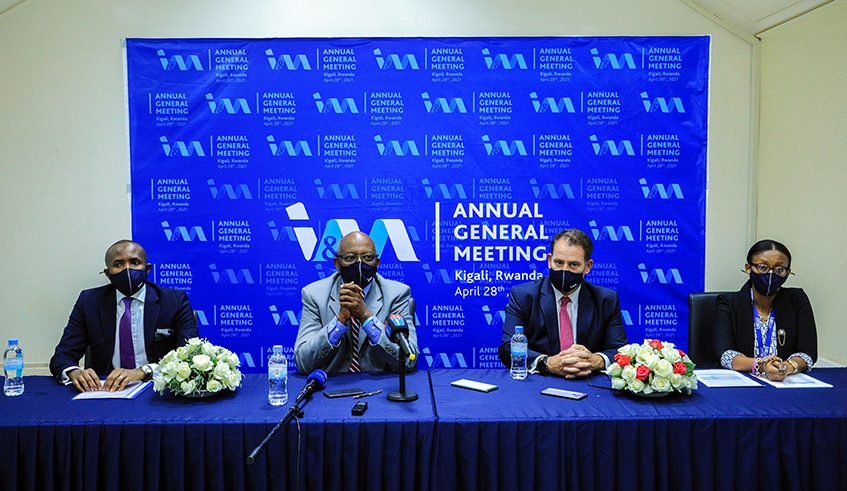 (L-R): I&M Bank Rwandaâ€™s Iddy Rugamba (Company Secretary at I&M Bank), Board Chair Bonaventure Niyibizi, Managing Director Robin Bairstow and Anita Umulisa, the Chief Financial Officer, during the bankâ€™s Annual General Meeting in Kigali on Wednesday, April 28. / Photo: Dan Nsengiyumva