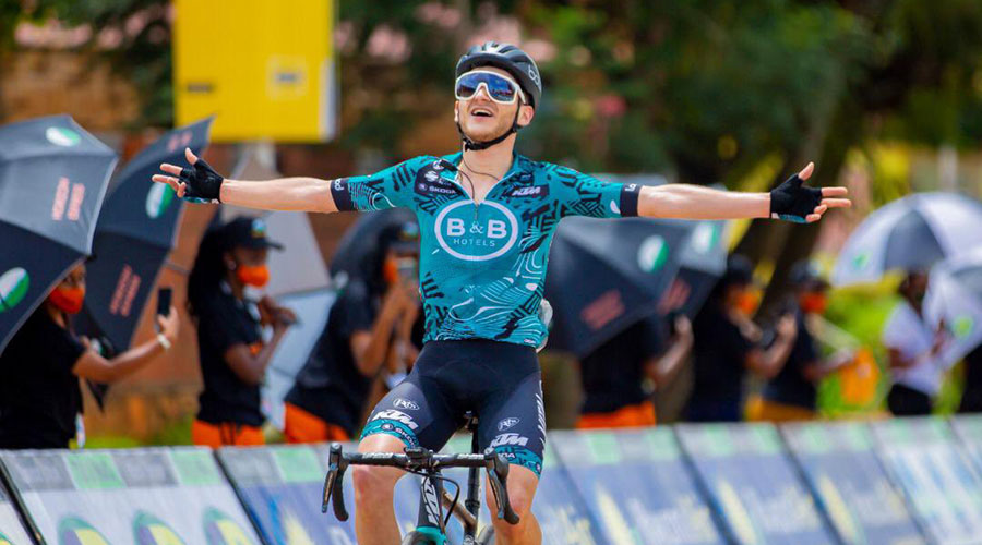 French rider Alan Boileau, who rides for B&B Hotels, celebrates after winning the Kigali-Huye stage on Monday, May 3. 