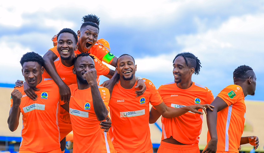 AS Kigali players celebrate after scoring a goal in their 2-0 win over Police FC at Amahoro national stadium on Tuesday. The win took the Kigali city side to pole position in Group C. / Courtesy.