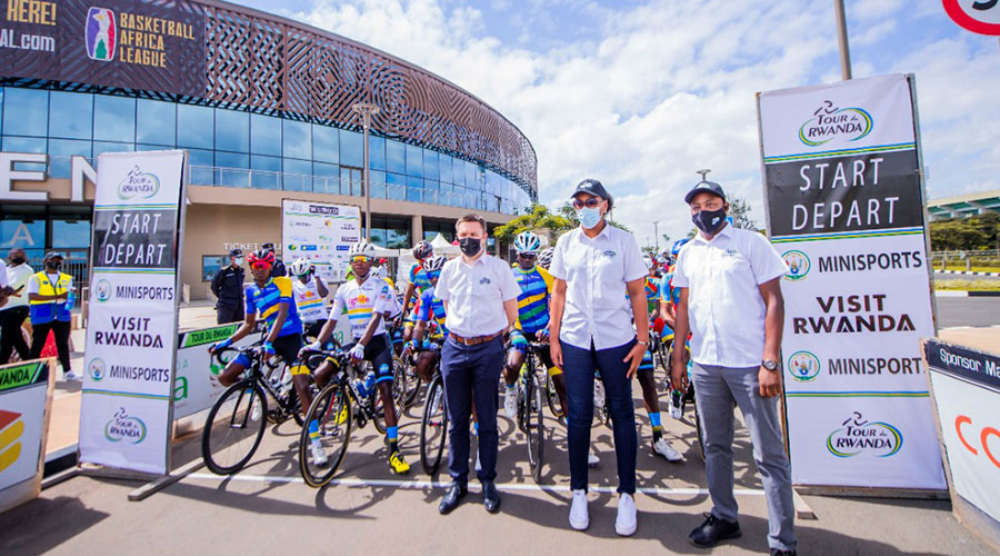 (L-R): David Lappartient, the president of the Union Cycliste Internationale, Mimosa Munyagaju, Minister for Sports and Abdallah Murenzi, Ferwacy president, flag off  Tour du Rwanda 2021 edition in Kigali on May 2. 