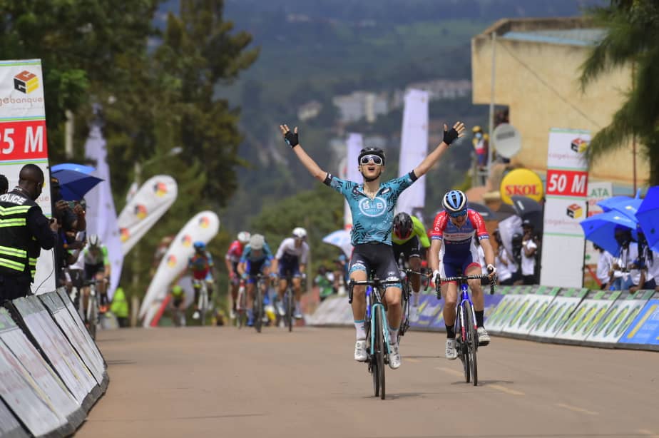 B&B Hotels' Alan Boileau celebrates at the finish line of Stage 5 of Tour du Rwanda. (Photo by Tour du Rwanda)