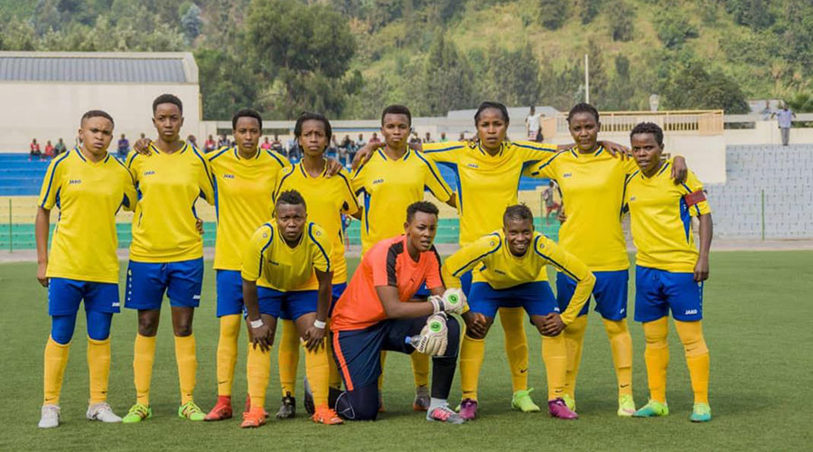AS Kigali women football team poses for a group photo before a league match against Scandinavia FC last year. The womenu2019s football league is expected to resume soon. 