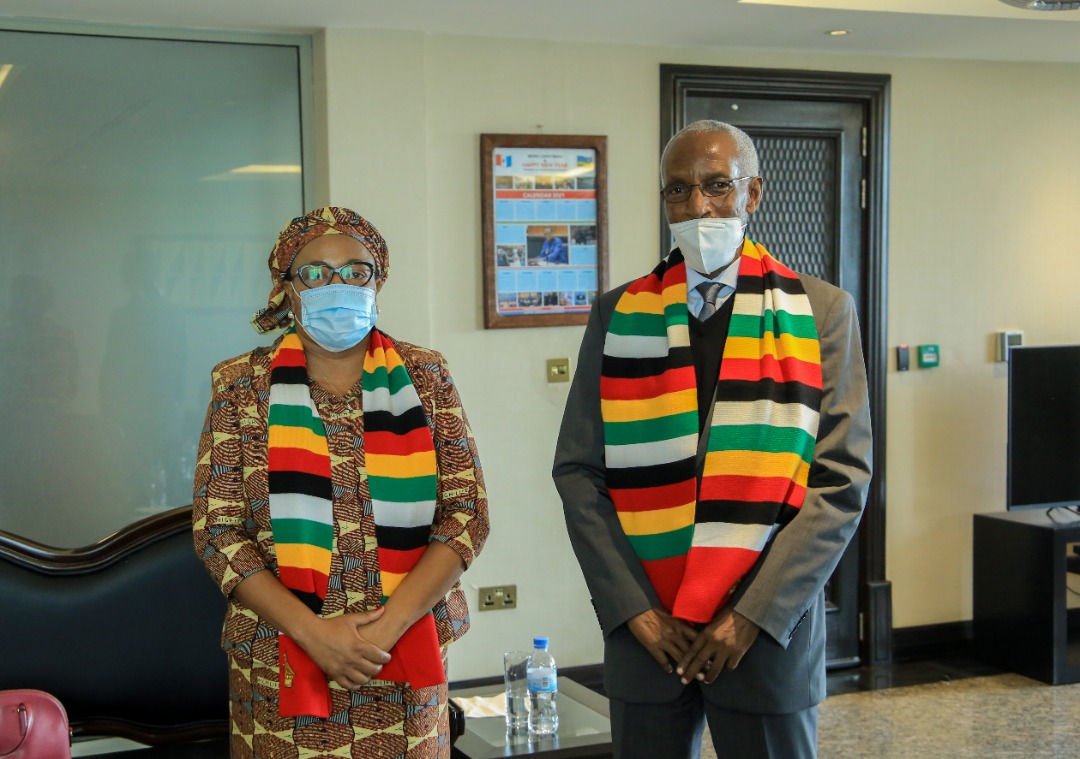 The Zimbabwean ambassador to Rwanda, Charity Manyeruke, and the Secretary-General of RPF-Inkotanyi, Franu00e7ois Ngarambe, at the ruling partyu2019s headquarters in Rusororo. 