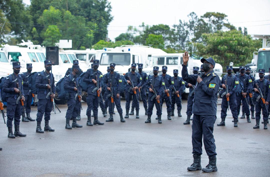 Felix Namuhoranye, Deputy Inspector General of Police (DIGP) in charge of Operations, addresses Police officers before they left for peacekeeping operations. 