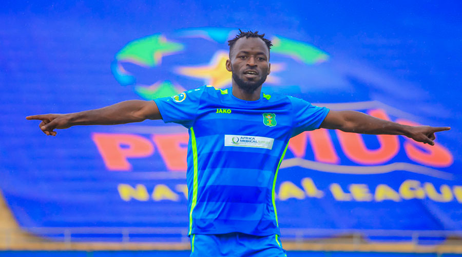 AS Kigali striker Shaban Hussein Tchabalala celebrates his goal in a past match at Amahoro National Stadium. The Burundian has been in good form averaging a goal every game and is the leading league top scorer. 