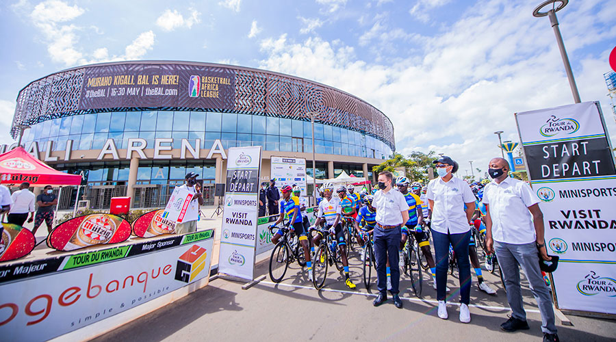 (L-R) David Lappartient, the president of UCI, the global cyclists union, Mimosa Munyagaju Minister of Sports and Abdallah Murenzi the president of the National Cycling Federation flag off Tour du Rwanda 2021 edition in Kigali on April 2. RDB has announced plans to focus sports tourism to boost the industry that has been badly hit by Covid-19. 