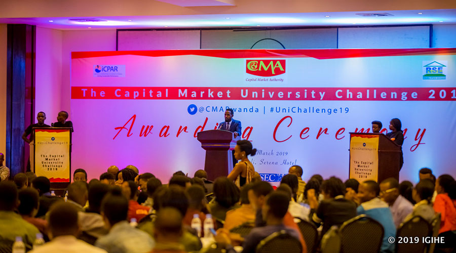 Contestants on stage during a past edition of the Capital Market University Challenge. Photo: Igihe