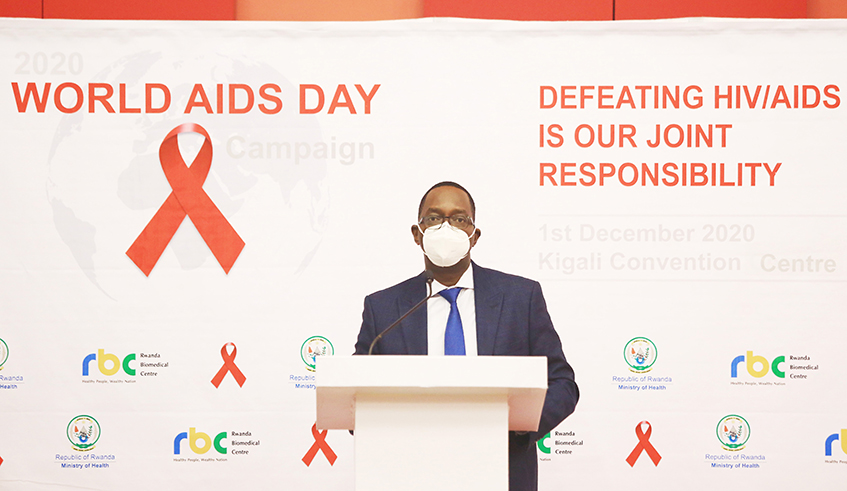 Health minister Dr Daniel Ngamije speaks in Kigali on the occasion of World Aids Day, on December 1, 2020. / Photo: Sam Ngendahimana.