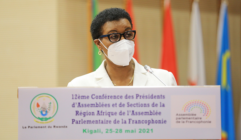 The President of the Chamber of Deputies Donatille Mukabalisa addresses the 12th Conference of Presidents of Assemblies and the Branches of the Parliamentary Assembly of La Francophonie (APF)u2019s Africa Region./ Sam Ngendahimana