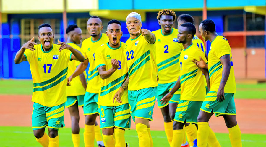 Amavubi players celebrate a goal during a friendly match against Central African Republic on Saturday. The national team scored twice without reply. Coach Vincent Mashami says he expects a similar performance in the second friendly on Monday afternoon. 