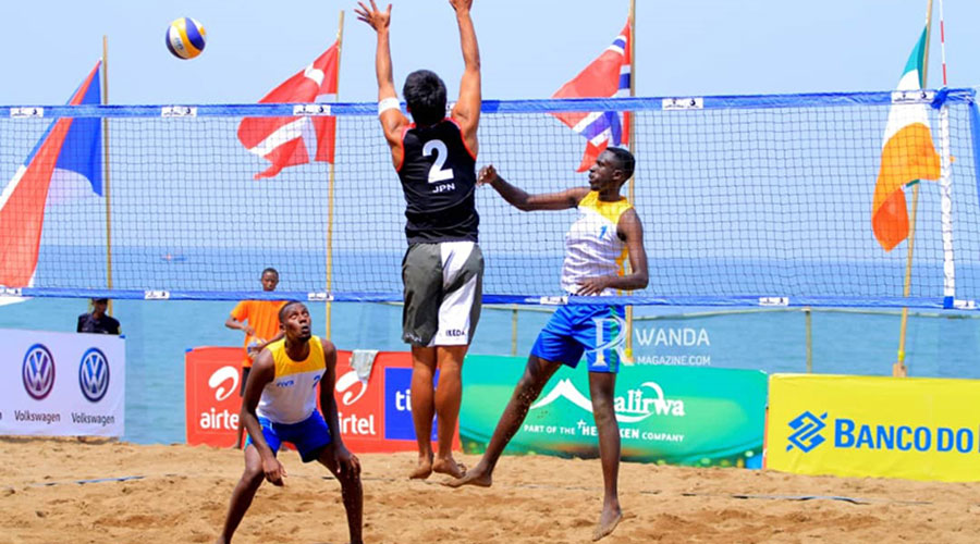 The national Beach volleyball players during a past match atu00a0 the World Beach Volleyball Tour in Rubavu. The players are currently in Rubavu district preparing for the qualifiers for the Olympic games. 