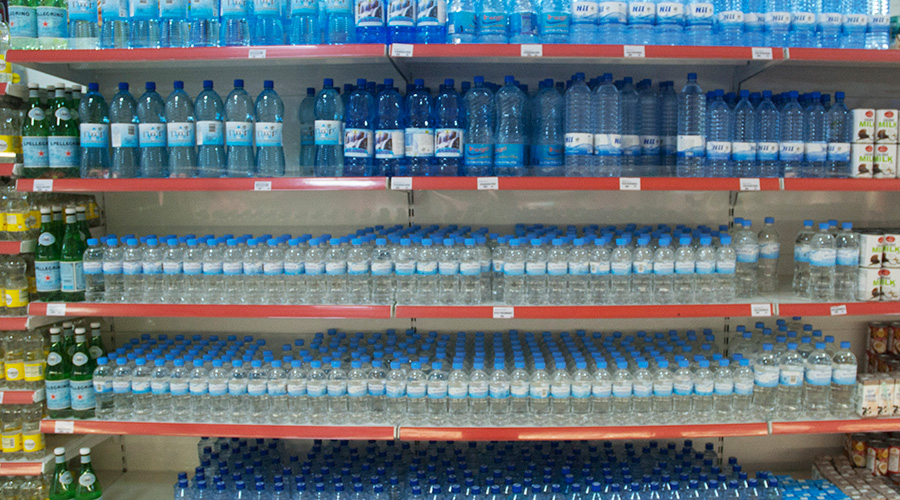 Some of the single-use plastic bottles in one of supermarkets in Kigali. 