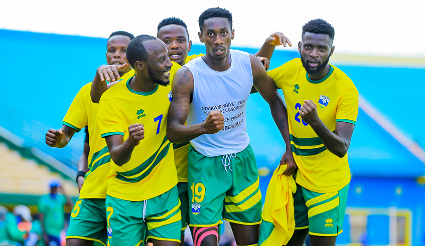 Amavubi players celebrate after defeating Central Africa Republic 5-0 during their second  friendly tie at Amahoro National Stadium in Kigali on June 7. Many new players were given debuts by coach Vincent Mashami. / Photo: Courtesy.