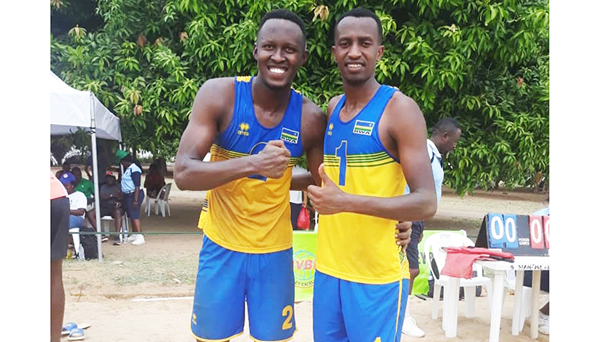 Olivier Ntagengwa (L) and Patrick Kavalo Akumuntu are among players that will represent Rwanda at the 2021 FIVB Beach volleyball World Tour star 2, which runs from July 14-18 in Rubavu District. / Photo: Courtesy.