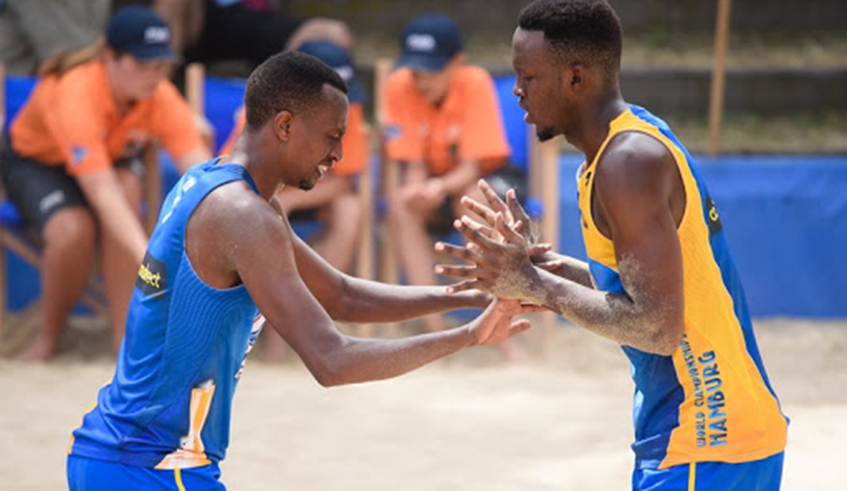 Olivier Ntagengwa (L) and Patrick Kavalo Akumuntu are among players that will represent Rwanda in this yearu2019s beach volleyball continental cup in Morocco. / Photo: Courtesy.