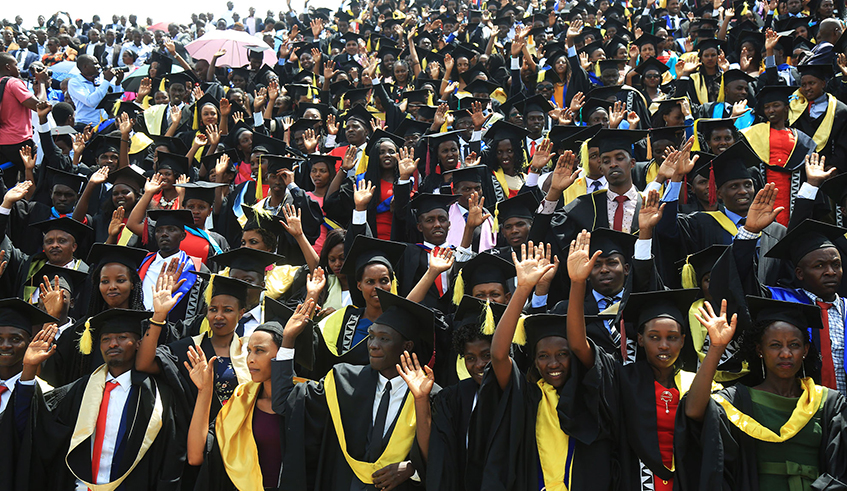 University of Rwanda students take an oath during a graduation ceremony at Huye Stadium in 2018. The university has decided to hold its long-awaited graduation ceremony in July. / Photo: Sam Ngendahimana.