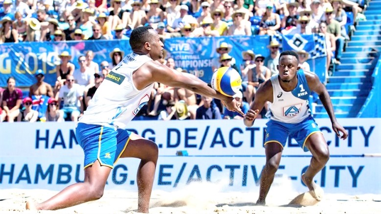 Olivier Ntagengwa (with the ball) and Patrick Akumuntu (R), bronze medallists of the 2019 All-Africa Games, are one of the four team representing Rwanda in Morocco. 