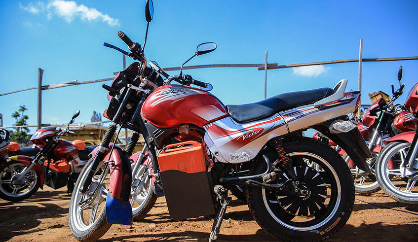 Some of the fuel-powered motorbikes that were transformed into electric bikes in Kigali on June 10. The country is keen on raising the number of e-motorcycles from 120 currently in its efforts to save the environment from pollution / Photo: Dan Nsengiyumva.