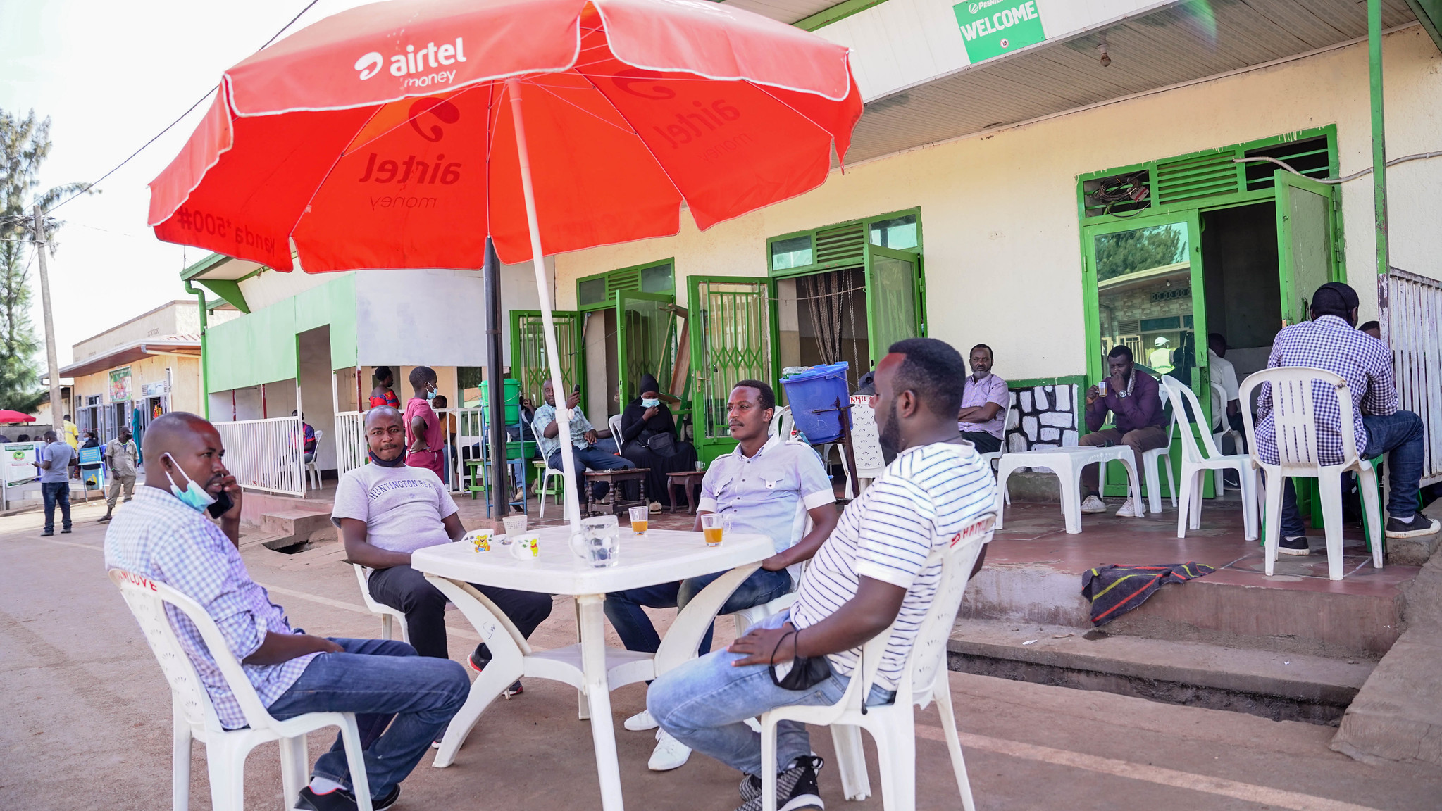 Patrons at a restaurant in Biryogo enjoy green tea in the open-air space on one of the roads that were closed off to motorists on Wednesday. 