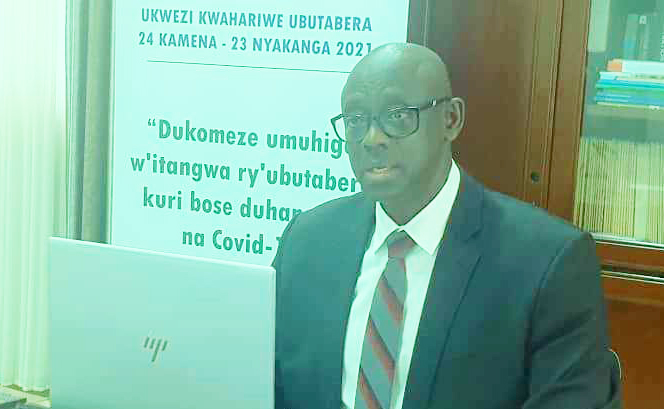 Minister of Justice Johnston Busingye delivers remarks during the launch of Justice and Legal Aid Month on Thursday, June 24.