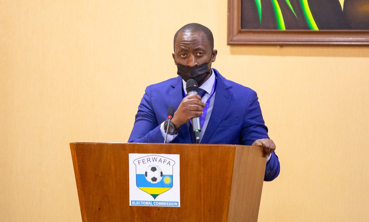 The newly elected Ferwafa president Olivier Nizeymana delivers his keynote on Sunday. 