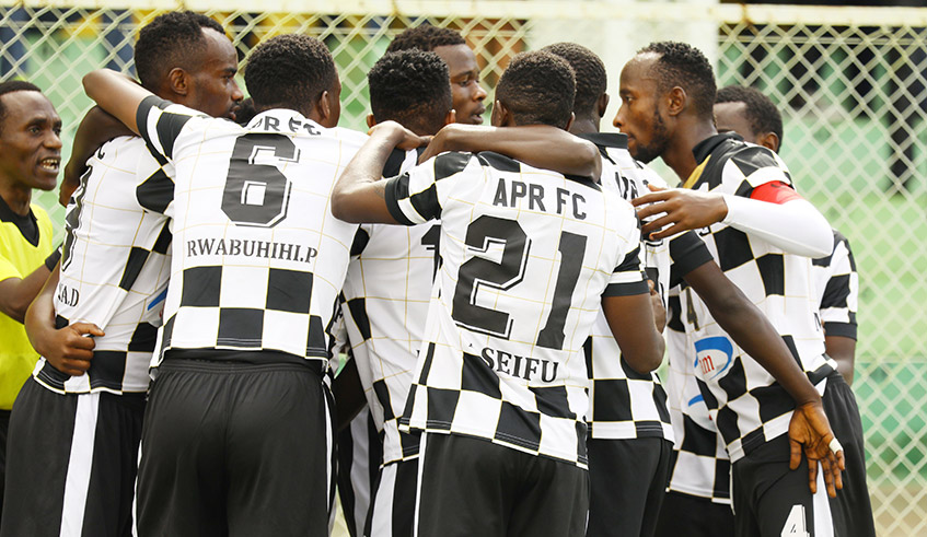 APR FC players celebrate after scoring a goal against SC Kiyovu at Kigali Stadium recently. The club uses only Rwandan players. / Sam Ngendahimana. 