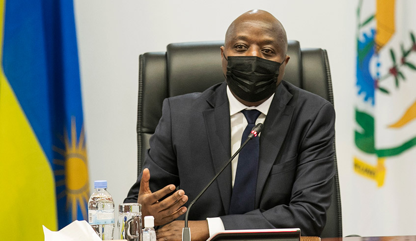 Prime Minister Edouard Ngirente speaks during a news conference on new Covid-19 restrictions that were announced on Tuesday, June 29 in Kigali. / Photo: Olivier Mugwiza.
