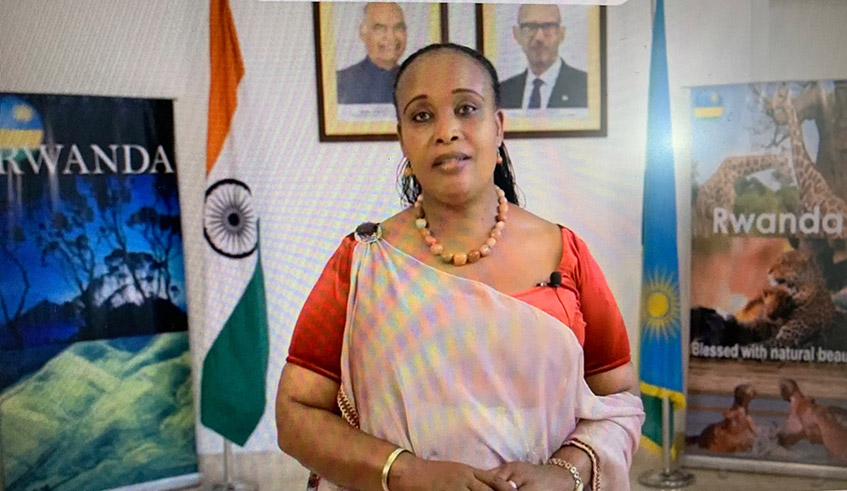 Rwandan High Commissioner to India, Jaqueline Mukangira delivering her message on Liberation Day