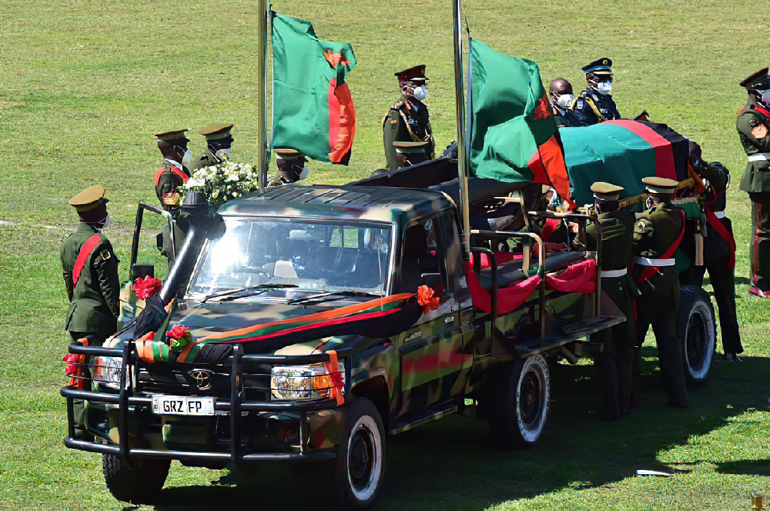 The funeral cortege carrying the body of the late Kenneth Kaunda, founding President of Zambia, arrives at the State memorial service in his honour in Lusaka on Friday, July 2, 2021. 