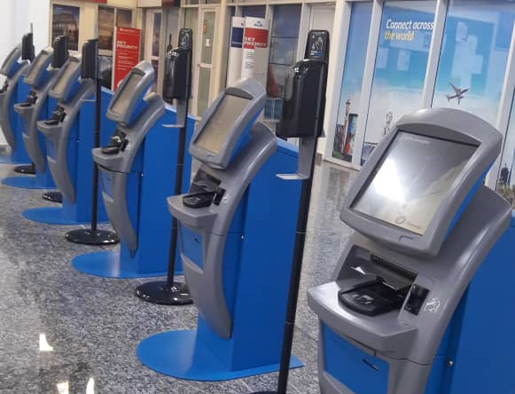 Airport self check-in kiosks.