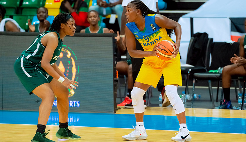 Point guard Tierra Henderson (R) put in star-of-the-game performance with game high 23 points to help Rwanda beat Kenya 77-45 in opening game of Womenu2019s Afrobasket Zone V qualifiers on Monday night at Kigali Arena. / Courtesy.
