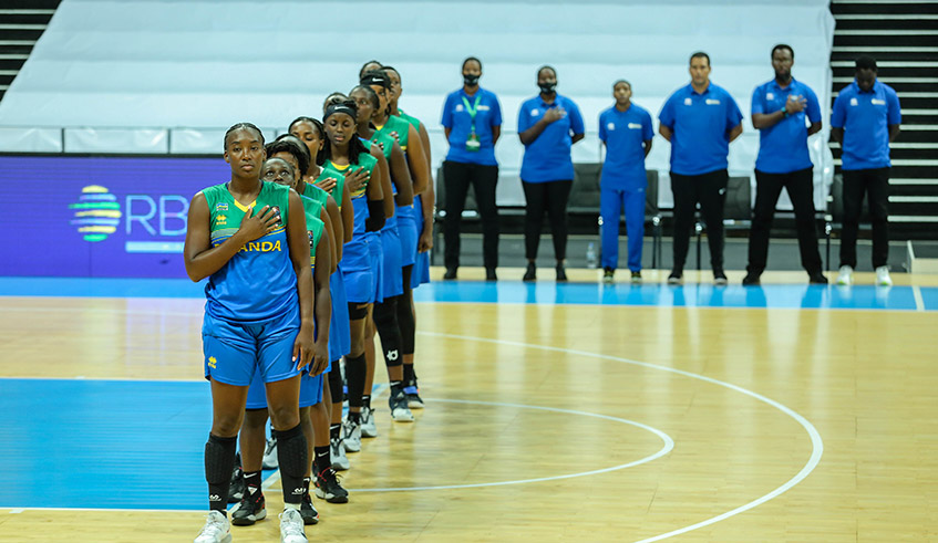 The national womenu2019s basketball team sings the national anthem before their match against South Sudan. Rwanda takes on Kenya in a must win game on Friday. / Dan Nsengiyumva.