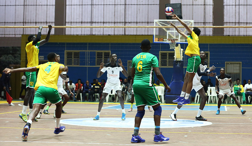 UTB Volleyball players during a league game against APR at Amahoro indoor stadium. The national volleyball federation is keen to revamp the game after a series of poor performances by Rwandan teams. / Craish Bahizi.