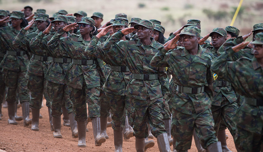 Itorero trainees  during the Indangamirwa series march on their graduation in 2019. / Village Urugwiro