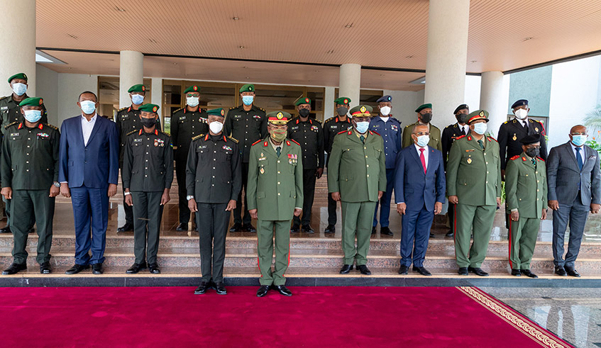 The Chief of the General Staff of the Angolan Armed Forces (FAA), General Antu00f3nio Egu00eddio de Sousa Santos, is in the country on an official visit that started on Monday, July 26 and will last until Friday, July 30. General de Sousa Santos was on Tuesday at Rwanda Defence Force headquarters where he met his counterpart General Jean Bosco Kazura and other senior military officials. / Photo: Courtesy. 