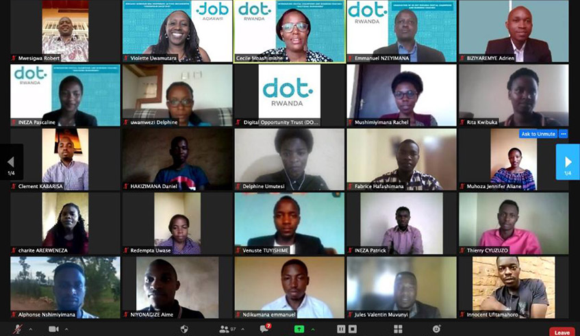 A screen grab of officials and partipants during a virtual event organised by DOT Rwanda on July 23, where the 2021/22 Digital Champions and Business Coaches were announced. / Photo: Courtesy.