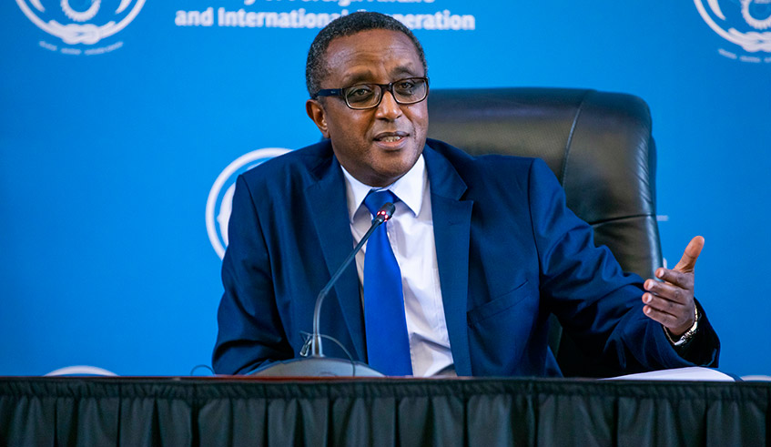 Minister for Foreign Affairs Dr Vincent Biruta speaks during the news conference in Kigali on Thursday, July 29. / Photo: Olivier Mugwiza.