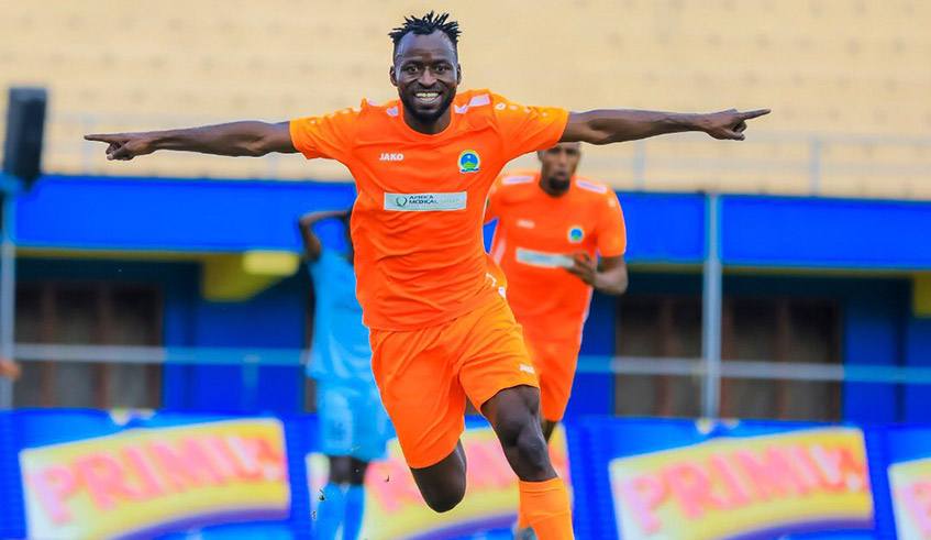 AS Kigaliu2019s Burundian international striker Shabani Hussein Shabalala, who is also the top scorer of Rwandan league in 2021 celebrate a goal during a past match at Amahoro National Stadium. / Photo: Courtesy.
