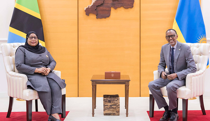 Tanzaniau2019s President Samia Suluhu Hassan and his host President Paul Kagame at Village Urugwiro on Monday, August 2. Suluhu is on a two-day state visit to the country. The two presidents reiterated their commitment to back a stronger, prosperous EAC as well as economic recovery following the Covid-19 pandemic. / Photo: Village Urugwiro.