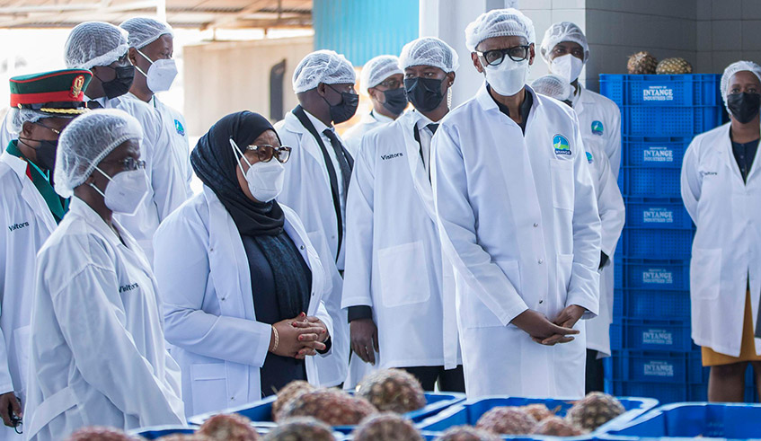 President Paul Kagame and his guest President Samia Suluhu Hassan of Tanzania tour Inyange Industries in Masaka, Kicukiro District on Tuesday, August 3. The two Heads of State also visited the Kigali Special Economic Zone as the Tanzanian leader concluded her two-day state visit to Rwanda. 