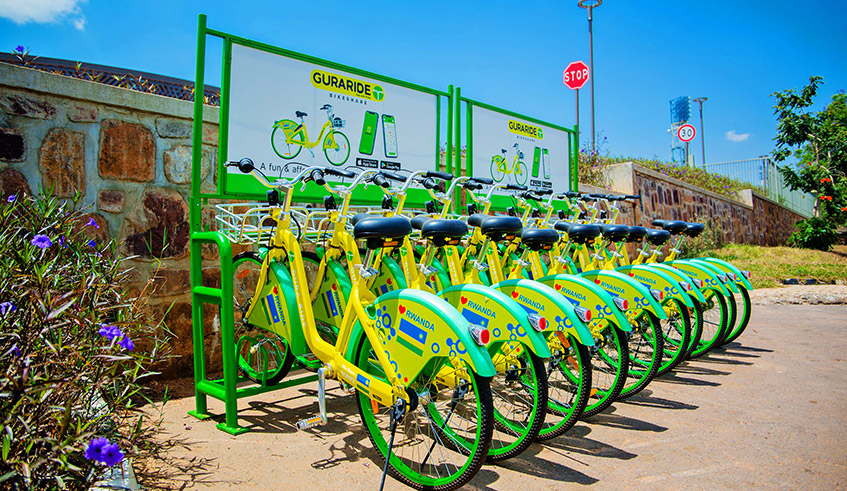 Some of the bicycles at one of the docking stations in Kigali. The initiative is set to give a significant boost to Kigaliu2019s quest to become a green city. / Photo: Dan Nsengiyumva.
