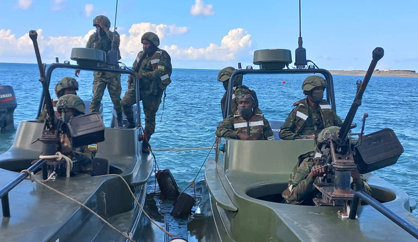 Rwandan marines, with speed boats, support land forces in securing the shores of the Indian ocean - areas of Afungi, Palma up to Quionga on August 7. / Courtesy