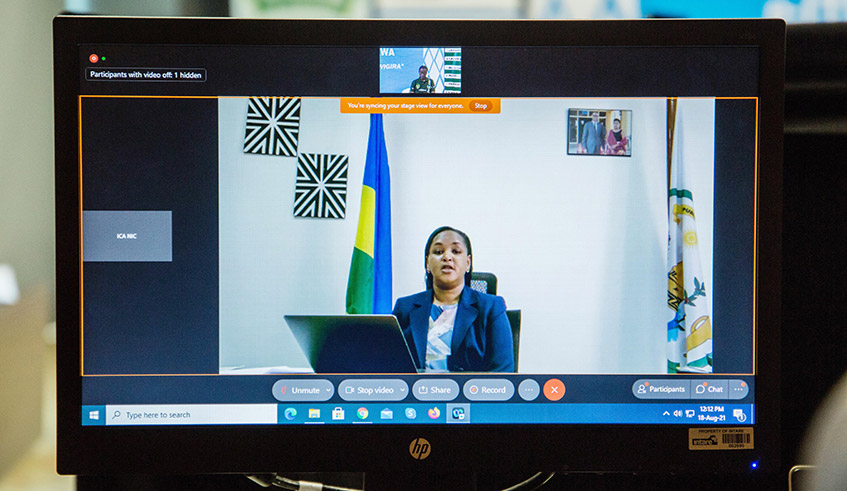 The Minister of Youth and Culture, Rosemary Mbabazi addresses Itorero Indangamirwa during a virtual event on August 18. / Dan Nsengiyumva