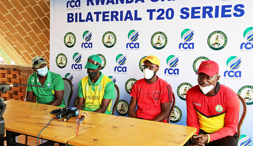Rwanda  and Ghana cricket teams players at a joint news conference before their friendly match at Gahanga Cricket Stadium on August 17. / Craish Bahizi.