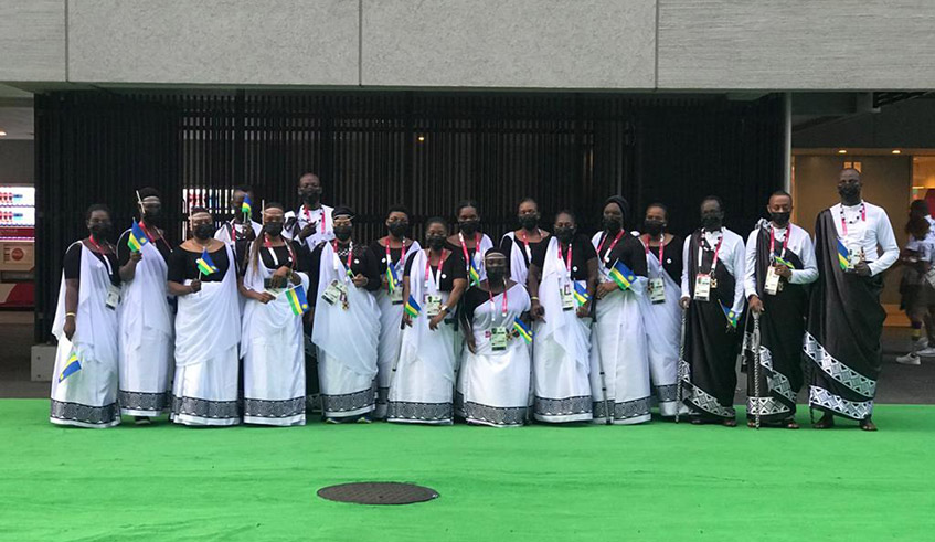 The Rwandan delegation pose for a photo before participating in the official opening ceremony of Paralympics 2020 in Tokyo. / Courtesy.