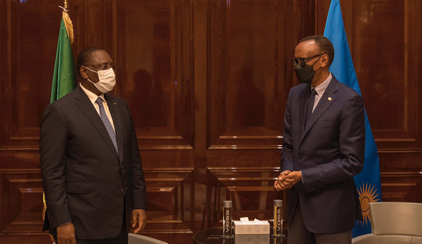 President Kagame meets with his Senegalese counterpart Macky Sall on Thursday evening ahead of the G20 Compact with Africa Summit that is slated to take place on Friday. The President arrived in Germany on Thursday, August 26. / Photo: Village Urugwiro