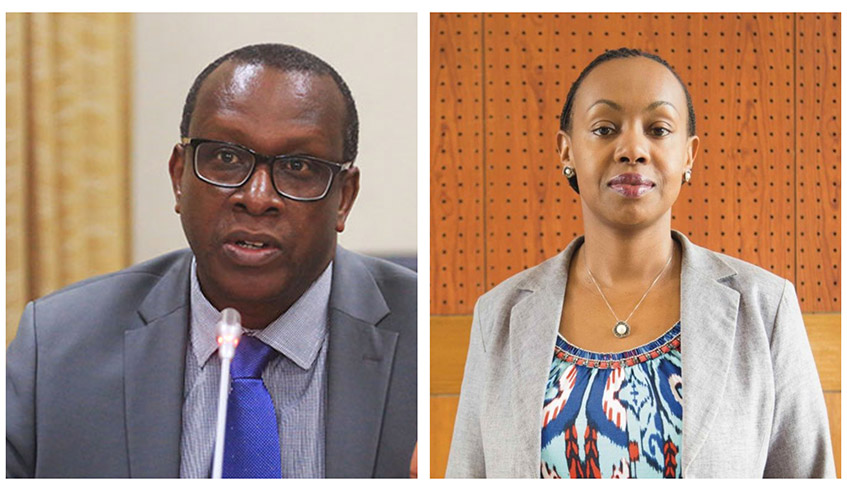 Jean-Damascu00e8ne Bizimana, the Minister for National Unity and Civic Engagement (left), and Amb. Yamina Karitanyi, the new Chief Executive of the Rwanda Mines, Petroleum and Gas Board. / Photos: File.